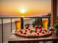 Salami Pizza and Beer with Ocean Sunset View