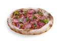 Salami pizza, bell pepper, rucola, kalamata, pesto, parmesan. Neapolitan round pizza on white background