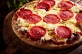 Salami pizza topping on a thin tortilla base Royalty Free Stock Photo