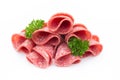 Salami sausage slices isolated on white background.