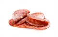 Salami sausage slices isolated on white background. Tasty smoked meat close-up Royalty Free Stock Photo