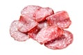 Salami sausage slices Isolated on white background. Top view.