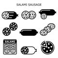 Salami sausage vector icons set, salami meat slice, salami pizza - food design