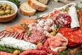 Salami, sliced ham, sausage, prosciutto, bacon, toasts, olives. Meat antipasto platter and red wine, Food recipe background. Close Royalty Free Stock Photo