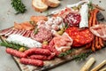 Salami, sliced ham, sausage, prosciutto, bacon, toasts, olives. Meat antipasto platter and red wine, Food recipe background. Close Royalty Free Stock Photo