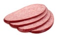 Salami smoked sausage slices, isolated on white background. Close-up