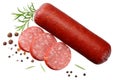 Salami smoked sausage with slices, rosemary and peppercorns isolated on white background. top view Royalty Free Stock Photo