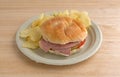 Salami sub sandwich on plate with chips on table Royalty Free Stock Photo