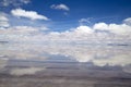 Salar de Uyuni. Salt flat with water. Blue sky and clouds reflection on the water of the salt flat Royalty Free Stock Photo