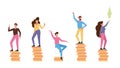 Salary inequality. Happy people on different high of coin piles. Isolated woman man gap vector concept