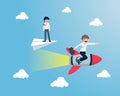 Salary man stands on a paper plane is overtaken by competitor sitting on the Rocket