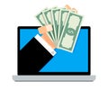 Salary online, transaction banknote financial from laptop