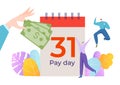 Salary payment day, businessman chief hand hold amount dollar cash, cheerful tiny worker character flat vector