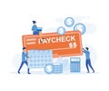 Salary and payroll concept, employees and calendar with payday and a paycheck,