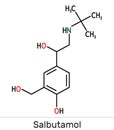 Salbutamol, albuterol molecule. It is a short-acting agonist used in the treatment of asthma and COPD. Skeletal chemical formula