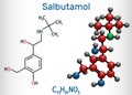 Salbutamol, albuterol molecule. It is a short-acting agonist used in the treatment of asthma and COPD. Structural chemical formula