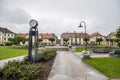 Saldus, Latvia - July 3, 2023: Kalpaka Laukums in town center of Old town Saldus on a rainy day