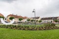 Saldus, Latvia - July 3, 2023: Kalpaka Laukums in town center of Old town Saldus on a rainy day