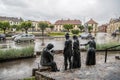 Saldus, Latvia - July 3, 2023: Kalpaka Laukums in town center of Old town Saldus on a rainy day with No baznicas human