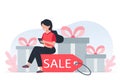 A young woman holds a smartphone in her hands and sits on a discount tag. Gifts and purchases, sales and online shopping. Vector Royalty Free Stock Photo