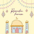 Ramadan kareem background with hand drawn doodle of islamic ornament, mosque, lantern, and garlands. Greeting card for islamic hol