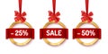 Sale advertisement banners set, decorative Christmas balls with red bow and ribbon, vector illustration isolated on white Royalty Free Stock Photo