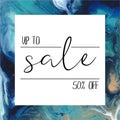 Sale advertisement. 50% off. Abstract water painting. Blue, winter theme.