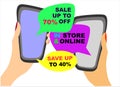 Sale advertisement. Online shopping concept. Female hand holding smartphone with sale announcements in speech bubbles