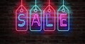 Sale animation neon light sign on brick wall. Sale banner blinking neon sign style for promo image