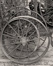 Old metal wagon wheel for sale at the antique market Royalty Free Stock Photo