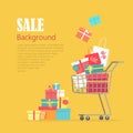 Sale Background. Cart with Gift Boxes, Paper Bags