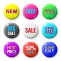 Sale badges buttons. Special offer shop button, red new badge and season sale sticker circle isolated vector set Royalty Free Stock Photo