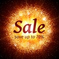 Sale banner on abstract explosion background with gold glittering elements. Burst of glowing star. Dust firework light Royalty Free Stock Photo