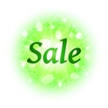 Sale banner on abstract explosion background with green glittering elements. Royalty Free Stock Photo