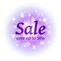 Sale banner on abstract explosion background with purple glittering elements. Burst of glowing star. Dust firework light Royalty Free Stock Photo