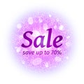 Sale banner on abstract explosion background with violet glittering elements. Burst of glowing star. Dust firework light Royalty Free Stock Photo
