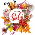 Sale banner with autumn leaves, cosmetics and Rowan berries. Vector .