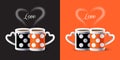 Two hot cups of coffee, steam heart shape Orange + Black logo. Hot Coffee Mugs Americano Cappuccino. Tea mugs icon POP ART Modern Royalty Free Stock Photo