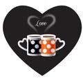 Black Heart - Two hot cups of coffee with steam heart shape, isolated. Americano, Cappuccino. Tea mugs icon. Love concept logo Royalty Free Stock Photo