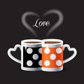 Two hot cups of coffee with steam heart shape, isolated on Black background. Americano, Cappuccino. Tea mugs icon. Pop Art Poster Royalty Free Stock Photo