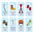 Sale banner, coupons, winter sale for sport equipment . Flat style.