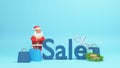 Sale Banner Design With 3D Santa Claus, Shopping Bags, Parcel Boxes, Percentage Sign And Fir Leaf Frame On Blue