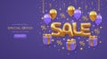 Sale banner design on purple background. Golden Sale word with fly helium balloons, gift boxes with golden bow. Gold percent Royalty Free Stock Photo