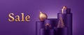 Sale banner with empty podiums for product presentation. Horizontal showcase scene with purple background and golden Christmas