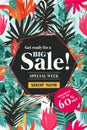 Sale banner with exotic jungle plant, tropical exotic palm leaves. Discount design background with tropical palm leaves.