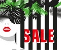 Sale. Banner. Fashion girl. Tropical leaves. Bold, minimal style. Pop Art. OpArt, positive negative space and colour