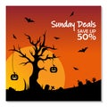 Sale Banner for Happy Halloween holiday with lettering on geometric background. Discount card for Marketing. Vector Template