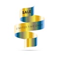 Sale banner limited time only black text on gold and blue gradient ribbon on white background. Vector.