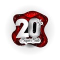 Sale 20% banner original design white and red and snow. Paper art craft style