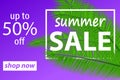 Sale banner with palm leaves. Floral tropical holidays background. Vector illustration. Hot Summer Sales design.